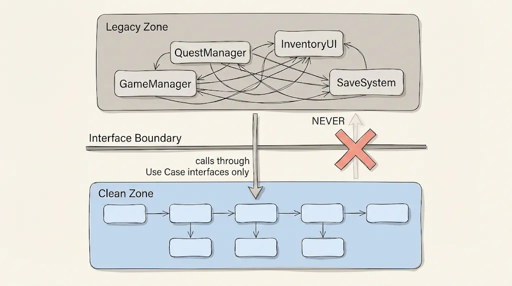 Legacy zone calls into Clean zone through Use Case interfaces only - Clean never references Legacy