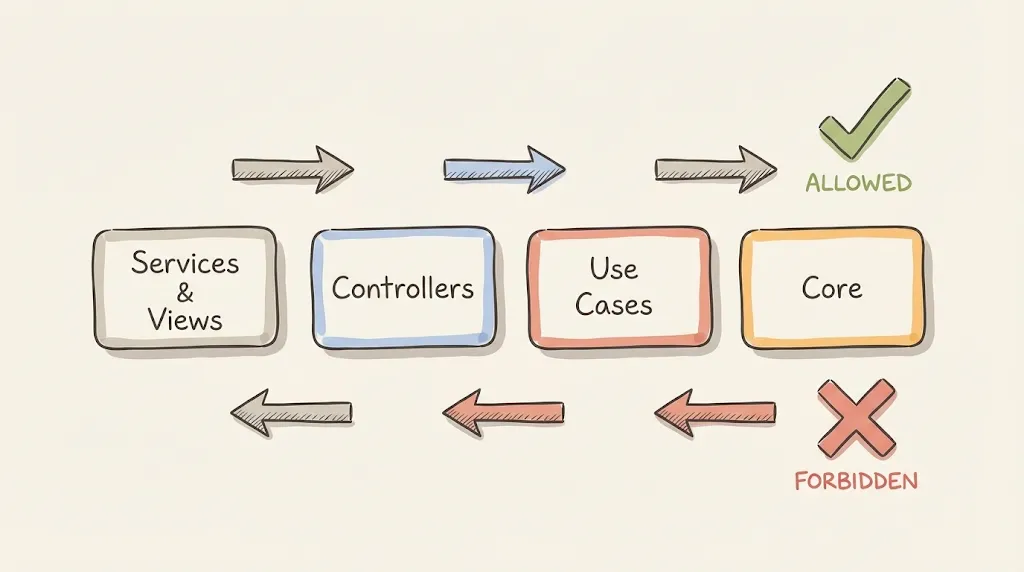 Allowed and forbidden dependency directions between the four layers